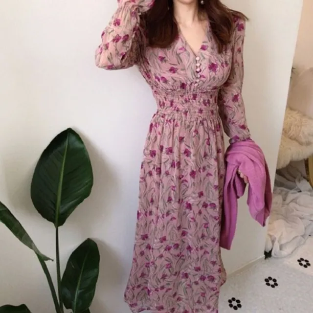 【baibeauty 白鳥麗子】優雅印花排釦抓皺收腰V領長袖洋裝(連身裙)