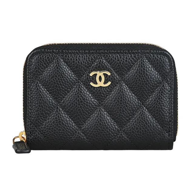 【CHANEL 香奈兒】CHANEL金字LOGO菱格紋設計小牛皮拉鍊零錢包(黑x金字)