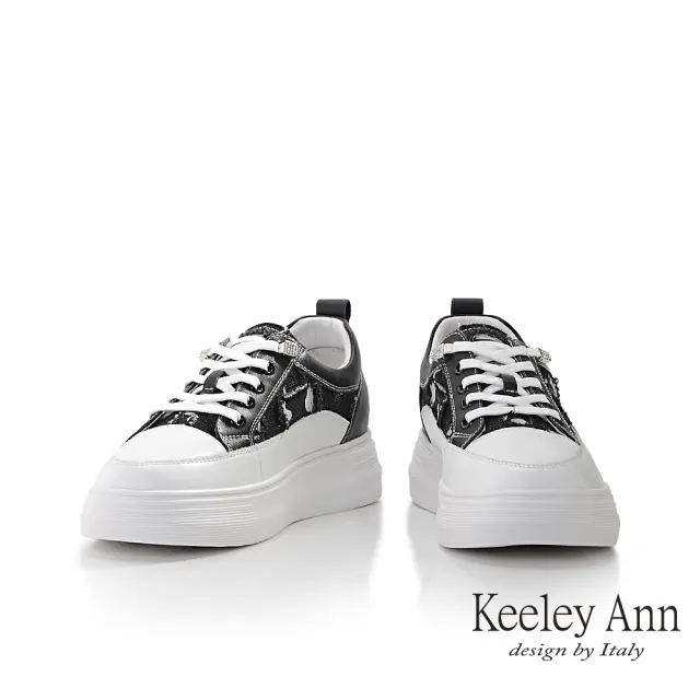 【Keeley Ann】丹寧抽鬚平底休閒鞋(黑色376577410-Ann系列)