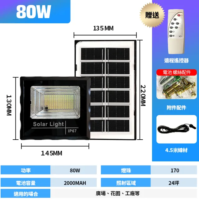 【伊德萊斯】買一送一 太陽能感應燈 太陽能燈(80W 太陽能工業照明燈 遙控光控感應 免佈線 免安裝)