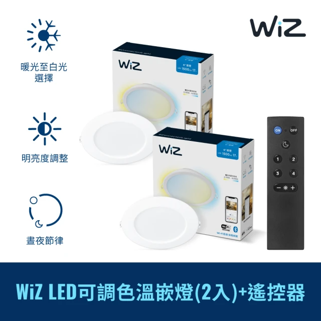Philips 飛利浦 Wi-Fi WiZ 智慧照明 可調色溫嵌燈 2入+遙控器(PW003)