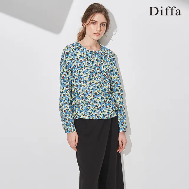 【Diffa】歐風時尚藍花領結上衣-女