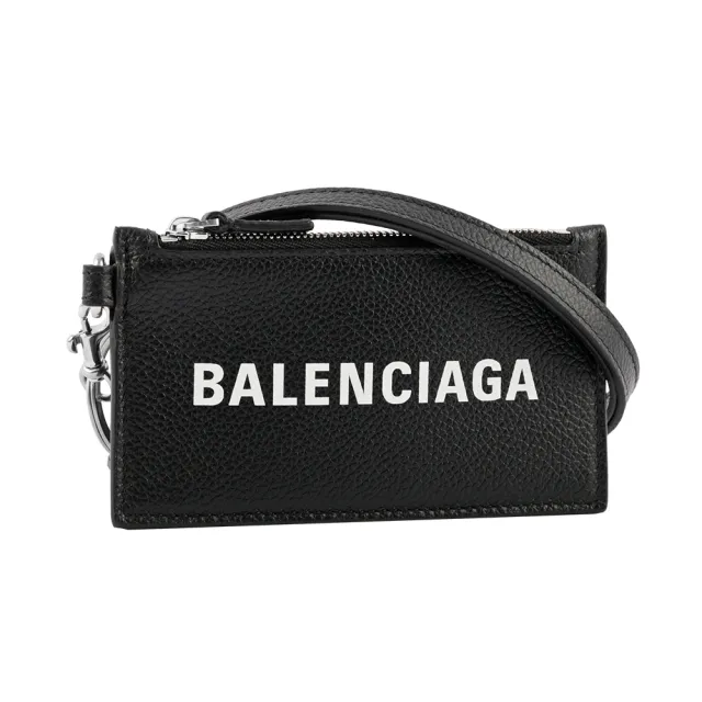 【Balenciaga 巴黎世家】經典Logo牛皮小款卡片夾_附可拆式掛繩(黑)