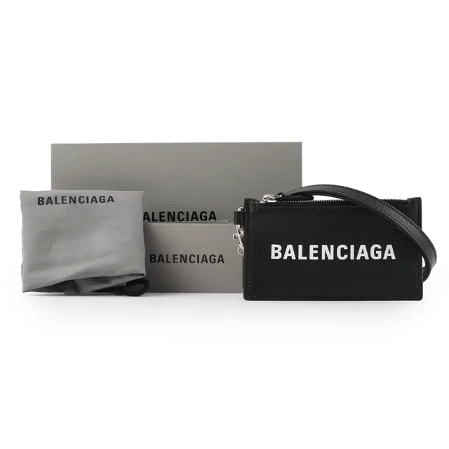 【Balenciaga 巴黎世家】經典Logo牛皮小款卡片夾_附可拆式掛繩(黑)