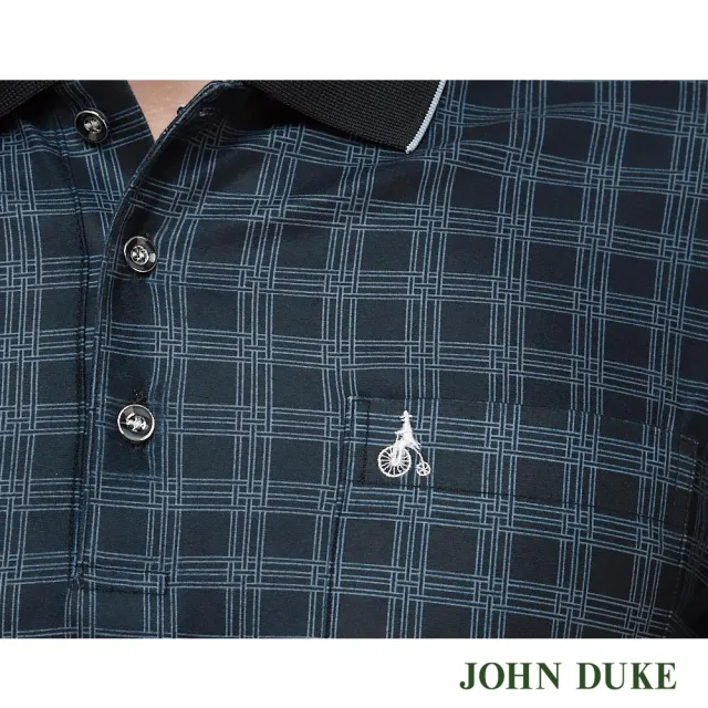 【JOHN DUKE 約翰公爵】男裝 觸感柔軟胸袋保暖格紋印花刷毛長袖POLO衫_藍黑(20-3V1850)