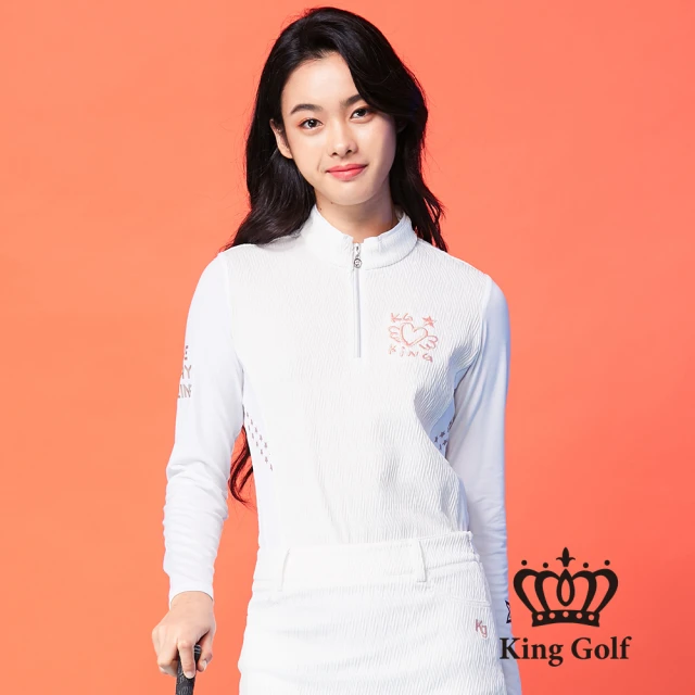 KING GOLF 滿版印花貼鑽涼感小立領拉鍊長袖POLO衫