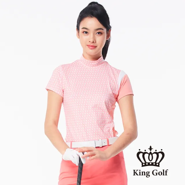 【KING GOLF】滿版印花拼接袖口立領短袖上衣(粉色)