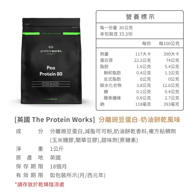 【英國 The Protein Works】分離豌豆蛋白1kg(奶油餅乾)