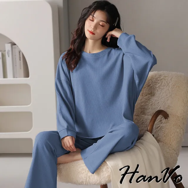 【HanVo】現貨 華夫格圓領長袖長褲居家睡衣(親膚寬鬆柔軟舒適休閒套裝 日常居家服 女生衣著 A08-5975)