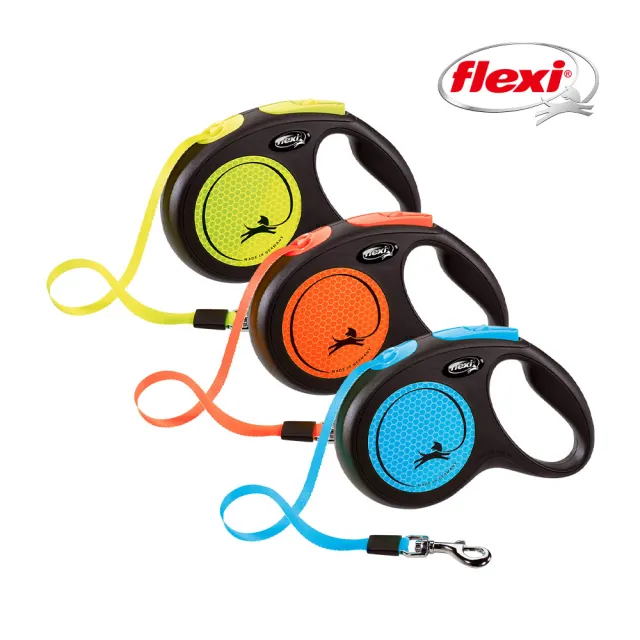 【flexi 飛萊希】炫光系列-外出用帶狀伸縮牽繩 M/5m(夜間反光牽繩/寵物牽繩/遛狗牽繩)