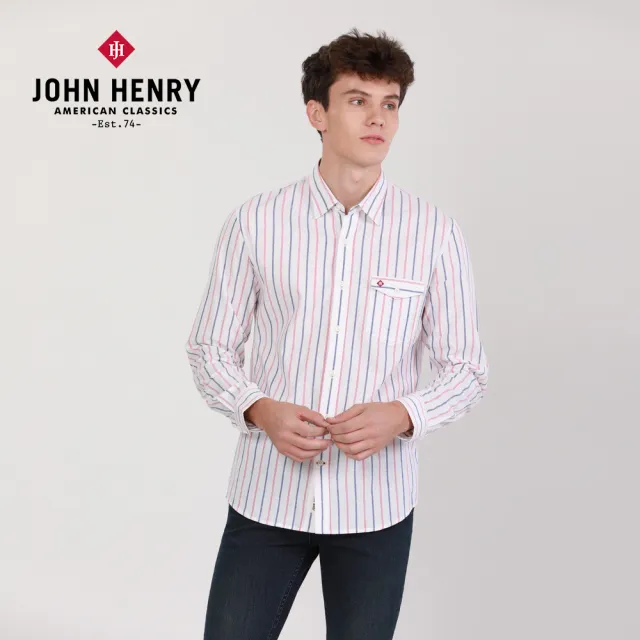 【JOHN HENRY】雙色直條長袖襯衫-白