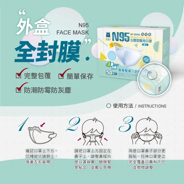 【藍鷹牌】N95醫用立體型成人口罩-壓條款 50片x4盒(藍色/綠色/粉色/白色)