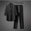 【CS22】商務紳士亞麻V領休閒套裝(七分袖+九分褲)
