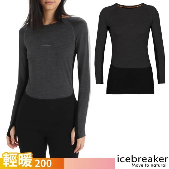 【Icebreaker】女 ZoneKnit 美麗諾羊毛 網眼透氣保暖圓領長袖上衣-BF200.T恤(IB0A56HD-585 深灰/黑)