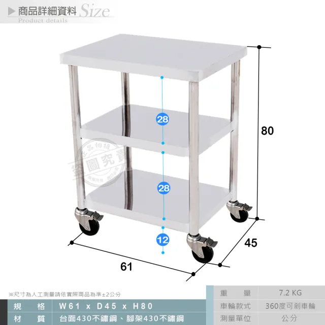 【Abis】客製商品-豪華升級版45X61CM三層430不鏽鋼桌-附煞車輪/料理桌/工作桌/工作台/流理台(1.5尺X2尺)