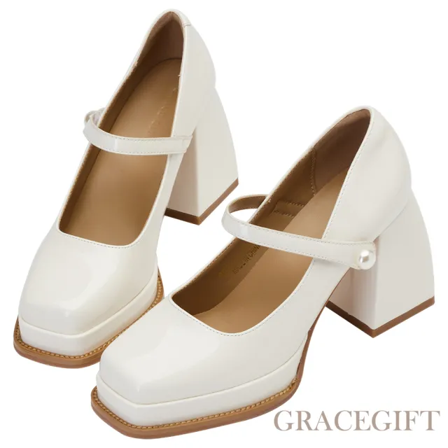 【Grace Gift】珍珠繫帶防水台高跟瑪莉珍鞋