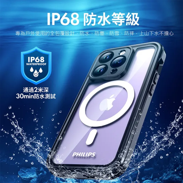 【Philips 飛利浦】iPhone 15系列 磁吸式極限運動防水殼 防摔強化保護殼(支援MagSafe)