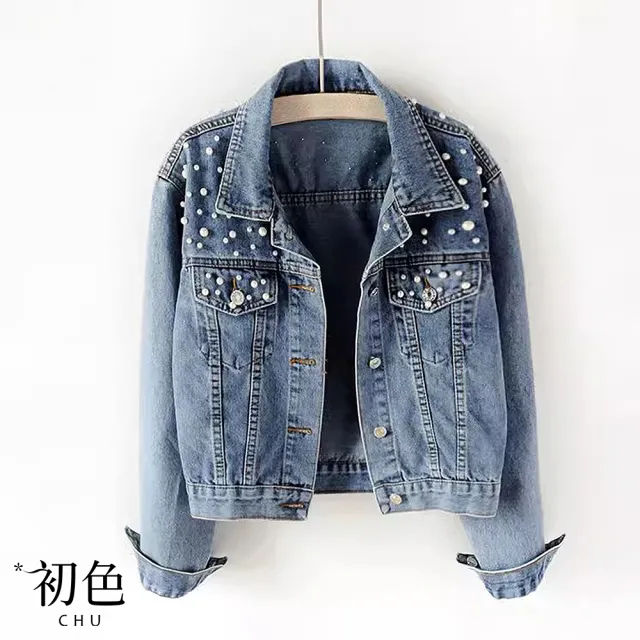 【初色】休閒百搭釘珠短款翻領長袖牛仔夾克外套-共2色-30936(M-2XL可選)