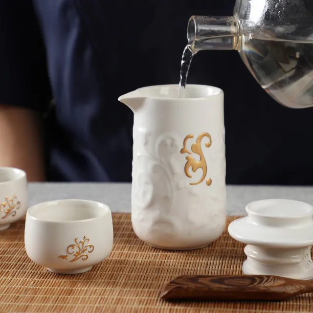 【乾唐軒】繁華盛世陶瓷泡茶器(一壺+二杯 / 牙白金 / 交換禮物)