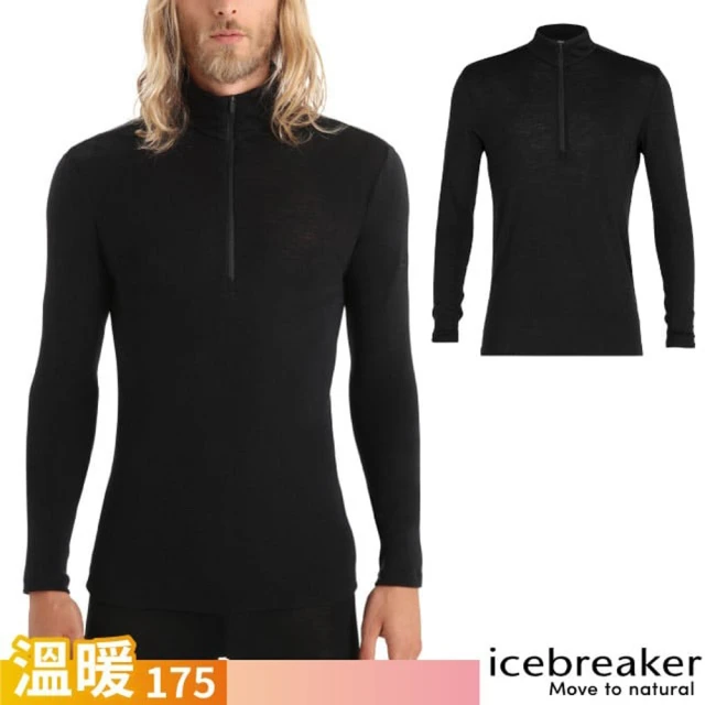 IcebreakerIcebreaker 男 EVERYDAY 100％ 美麗諾羊毛 半開襟長袖上衣-BF175.T恤(IB104484-001 黑)