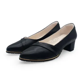 【Normady 諾曼地】女鞋 跟鞋 粗跟鞋 氣質折紋顯瘦V口足弓支撐粗跟中跟鞋-MIT手工鞋(百搭黑)