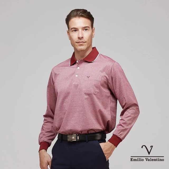 【Emilio Valentino 范倫鐵諾】男裝 舒適透氣精梳棉胸袋休閒薄款長袖POLO衫 紅(66-3V7150)