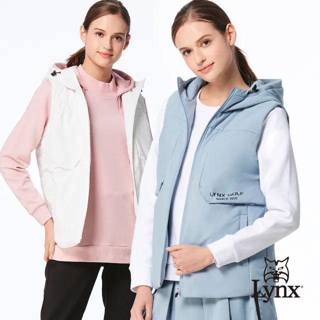 【Lynx Golf】首爾高桿風格！女款防潑水彈性舒適弧度造型下擺設計袋蓋拉鍊口袋連帽背心(二色)