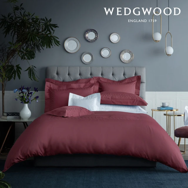 WEDGWOODWEDGWOOD 600織長纖棉六角菱格刺繡 被枕被套組-雋永系列 紫木紅(加大)