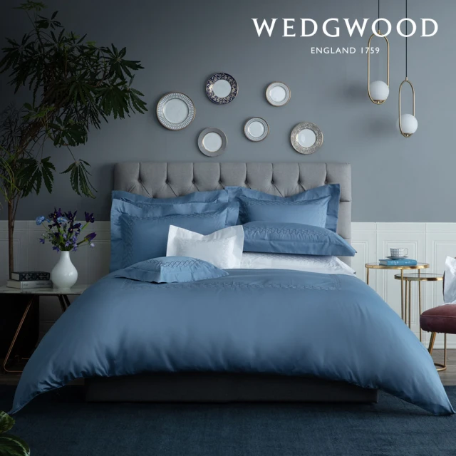 WEDGWOOD 600織長纖棉六角菱格刺繡 被枕被套組-雋永系列 灰瓦藍(加大)