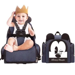 【Disney 迪士尼】多功能媽媽包暨餐椅包(多功能大容量後背雙肩媽咪包 寶寶外出吃飯摺疊餐椅  平輸品)