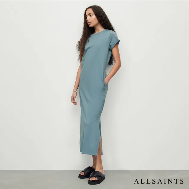 【ALLSAINTS】ANNA 休閒厚實純棉公羊頭骨T恤式長版連身裙洋裝-藍(常規版型)