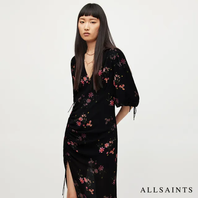 【ALLSAINTS】SAFIYA SOLANIO 人造絲V領抽繩開岔印花長版洋裝 WD316X(常規版型)