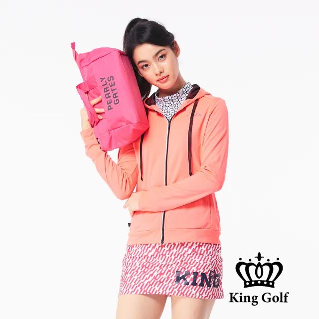 【KING GOLF】女款簡約修身拉鍊包邊輕薄內網連帽外套(橘粉色)