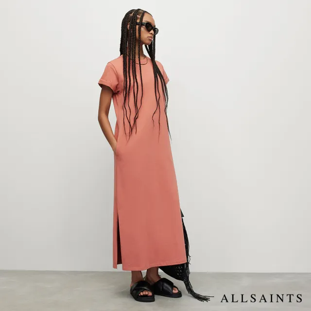 【ALLSAINTS】ANNA 休閒厚實純棉公羊頭骨T恤式長版連身裙洋裝-粉 WD425Y(常規版型)