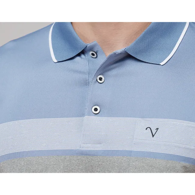 【Emilio Valentino 范倫鐵諾】男裝吸濕彈性速乾直橫紋胸袋薄長袖POLO衫_水藍/灰(15-3V7957)