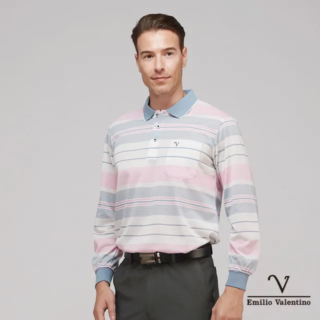 【Emilio Valentino 范倫鐵諾】男 長袖POLO衫 棉質舒適透氣 胸袋 polo衫 薄款 上衣 粉/灰藍(15-3V7977)