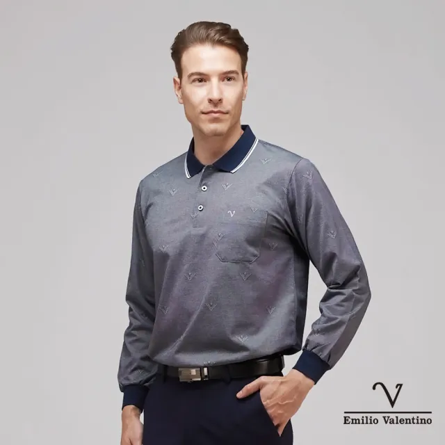【Emilio Valentino 范倫鐵諾】男 長袖POLO衫 棉質舒適透氣 胸袋 polo衫 薄款 上衣 藍(15-3V7979)