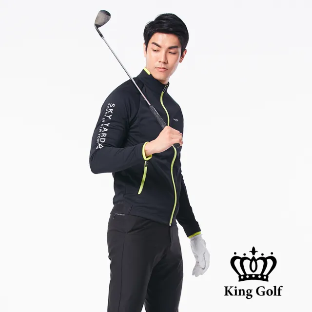 【KING GOLF】男款LOGO印圖防風防水拉鍊撞色中厚款長袖夾克外套(黑色)