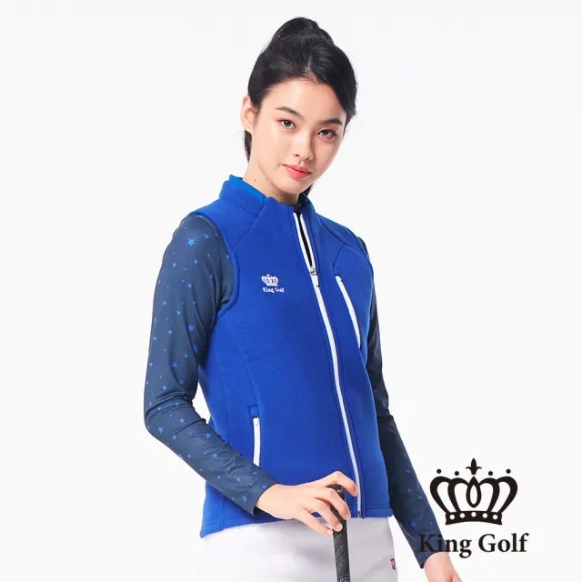 【KING GOLF】女款搖粒絨毛絨跳色拉鍊厚款無袖背心(藍色)