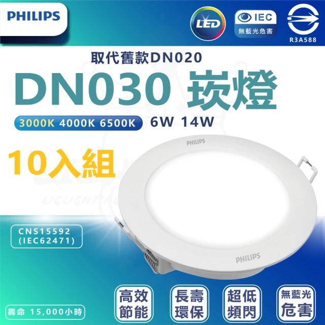 Philips 飛利浦照明 10入組 DN030 14W崁燈 嵌入孔15cm(白光/中性光/黃光)