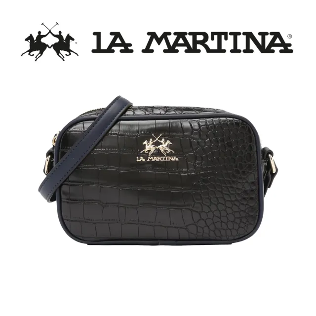 【LA MARTINA】雙11 義大利原裝進口 頂級金標鱷魚紋皮革肩背包 LMBA01027P(黑色)