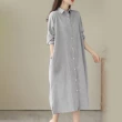 【ACheter】日系寬鬆大碼長袖條紋棉麻感襯衫過膝長版襯衫外罩洋裝#119373(黑/灰/藍)