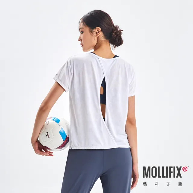 【Mollifix 瑪莉菲絲】後背鏤空透氣緹花短袖訓練上衣、瑜珈上衣、瑜珈服(白)