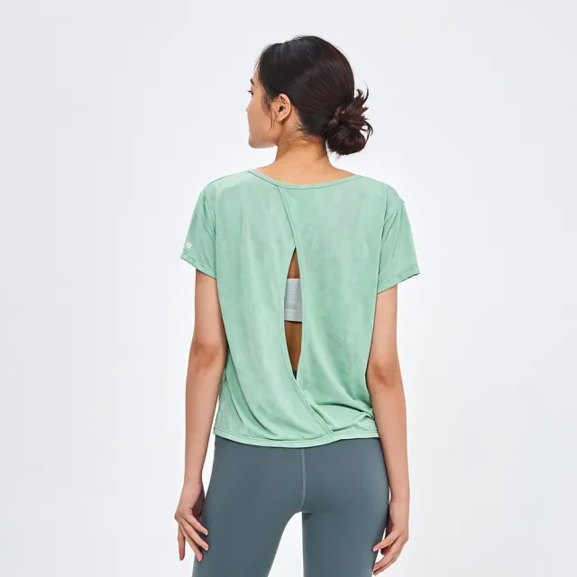 【Mollifix 瑪莉菲絲】後背鏤空透氣緹花短袖訓練上衣、瑜珈上衣、瑜珈服(淺綠)