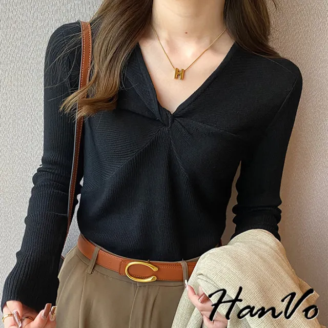 【HanVo】現貨 扭結V領造型薄款針織(韓系甜美氣質親膚柔軟上衣 韓系女裝 女生衣著 A02-1944)