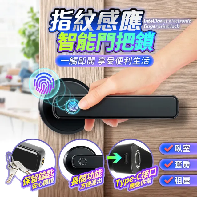 【FJ】多功能指紋感應防盜電子鎖CK12(支援Type-C應急供電)