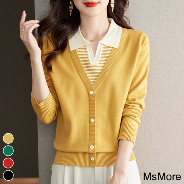 【MsMore】polo領短款假兩件毛衣條紋上衣針織短版#119631(黑/橘/黃/綠)