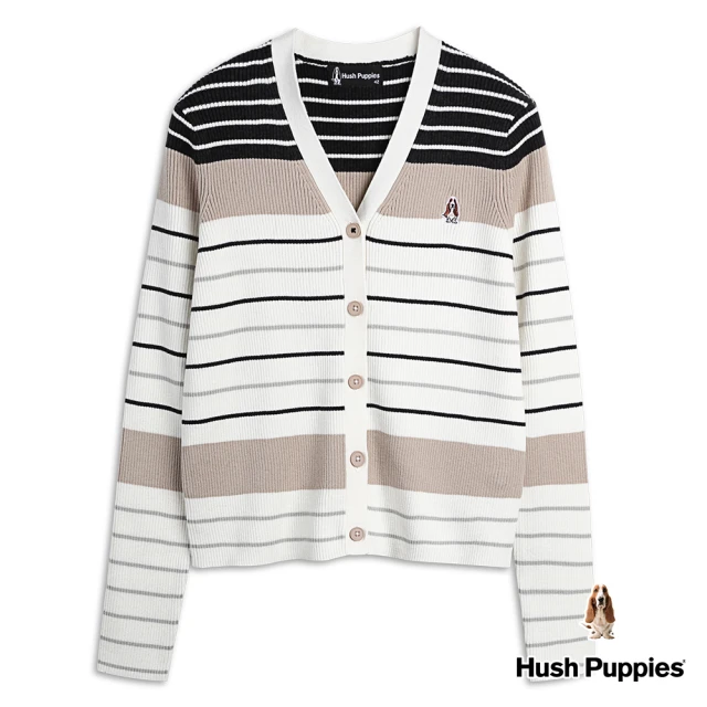 【Hush Puppies】女裝 線衫 配色條紋線衫外套(卡其 / 34213105)