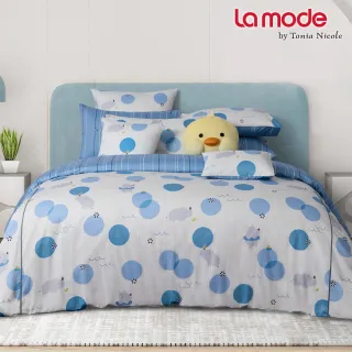 【La mode】活動品-環保印染100%精梳棉兩用被床包組-悠悠水樂園+小悠鴨鴨兩用抱枕毯(加大)