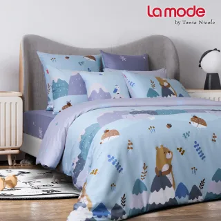 【La mode】活動品-環保印染100%精梳棉兩用被床包組-夢遊雪之森+雪狐圓寶兩用抱枕毯(雙人)